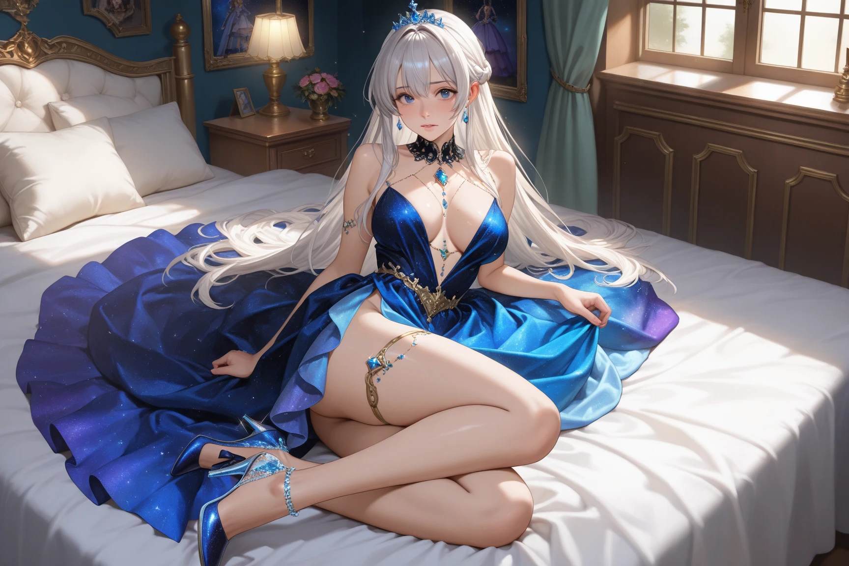White's Princess Royale, pleated_skirt, game_cg, artbook, hair_flower, hair_ornament, earrings, jewelry, bracelet, cane, seductive smile, medium breast, thighs, bangs, drill_hair, white_hair, blue_eyes, long_hair, high_heels, bed, lying on the side of the bed, top buttons open, V-shaped backless back, exposed back, bare shoulders, action side laying, big breasts, highest quality, masterpiece, masterpiece, ultimate detail, exquisite facial features, exquisite hair portrayal, delicate eye portrayal, jewel-like eyes, peerless beauty, 4k picture quality, beautiful brilliant light and shadow, side light, extremely fine, extremely beautiful, extremely delicate eyes, 8k_ wallpaper, best illustration, Extremely delicate luminescence, super fine, depth of field, fine details, extremely detailed CG, exquisite lighting, extremely detailed eyes beautiful face, stunning, masterpiece, movie lighting, official art, masterpiece, delicate hair, detailed eyes, light and shadow effects, volumetric lighting, face close-up, strong chiaroscuro, close-up, rich detail, gorgeous background