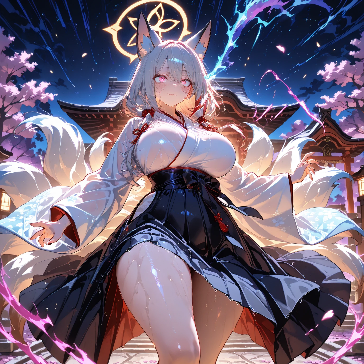 actual, , white hair, big eyes, Smile,open mouth,big breasts,glowing eyes,open lips, blush, daytime,background orc ears,Fox fairy,Kimono decoration,sexy,exposed,charming smile,Half-dressed kimono,white fox ears,White pink fox tail,high thigh slit,,Exquisite background,Mature,red background,Warm colors,red sleeves,Bright colors,white hair,Sense of lens,Lying in bed,Mature women