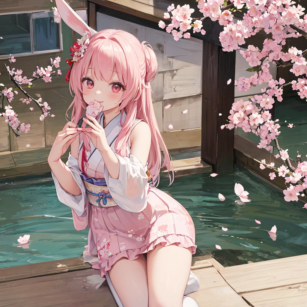 pink髪、twin tails、rabbit earaid clothes、red、cherry blossoms、sweet、sweets、strawberry、cherry blossoms餅、cream、1 person、Rabbit、pink、rabbit ears、floppy ears、big breasts、kimono、blue sky、I'm having fun