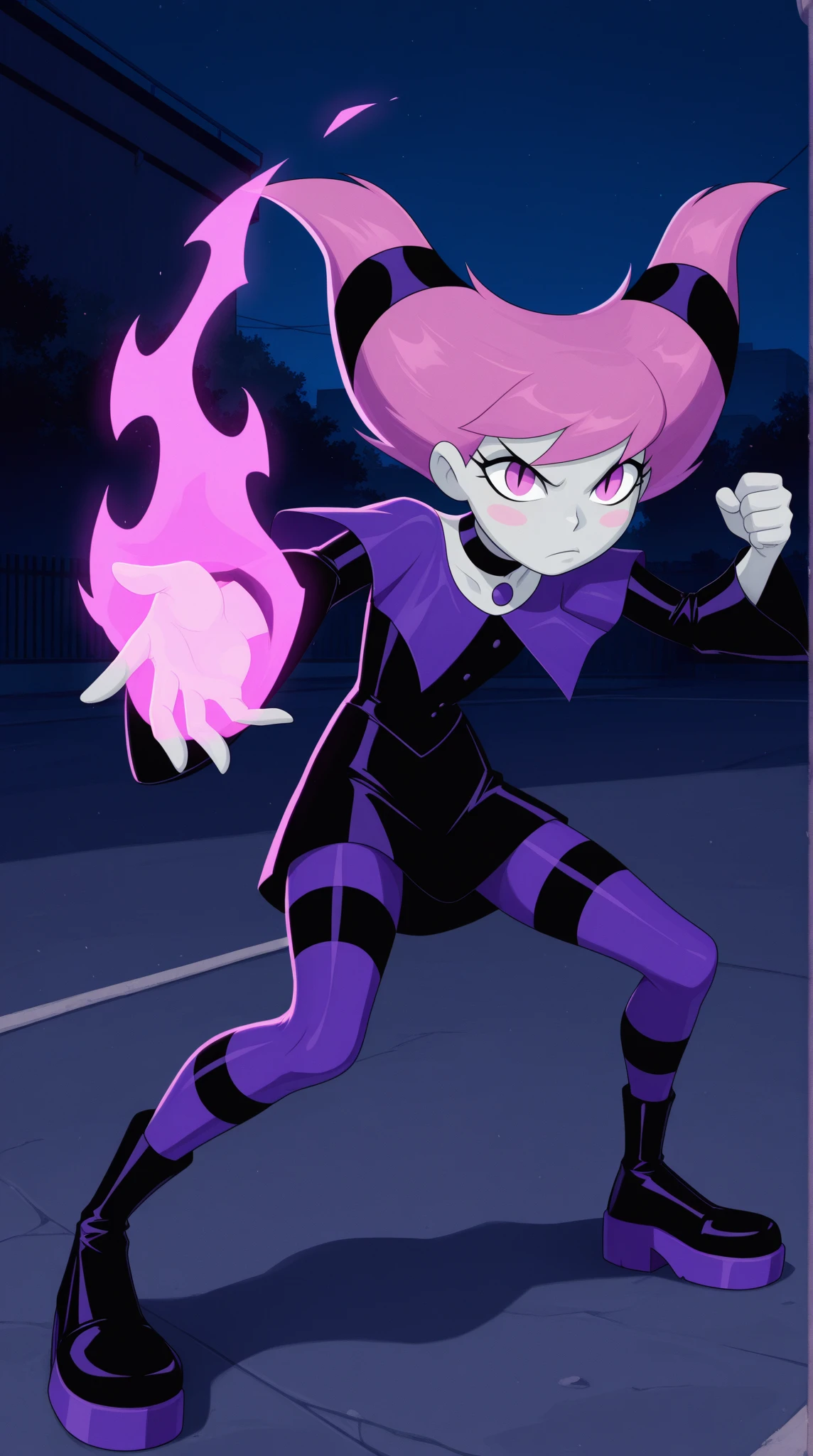 1girl, score_9, score_8_up, score_7_up, masterpiece, high quality, western cartoon, neon lighting, very detailed, depth of field, cinematic illumination, volumetric lighting, full color picture, vibrant colors, solo, alone, 
DDamsel, dark skin, 
MDuo, purple eyes, orange hair, purple hair, black hair, multicolored hair, short hair, makeup, purple lips, multicolored hoop earrings, short dress, multicolored dress, detached sleeves, gold buckle on belt, belt, zettai ryouiki, black thighhighs, black thigh boots,
flying, facing forward, full body, looking at viewer, serious, action pose, dynamic, ready to fight, kicking, punching,