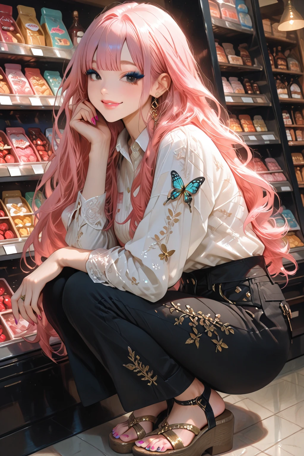 high quality, Hyper Details、Beautiful Path Through the Trees of the Forest、((Human Woman Looking Into the Small Shop(candy store)((A store that is high enough for a human waist))))、((crouching in front of the store)) human women、pastel illustration、White kamisa with exquisite gold embroidery、black cargo pants with exquisite gold embroidery、wedge sole Gurkha sandals、looking down in front of the store {x} half-up gold with bangs blue at the tip、black eyes、cherry blossom colored eyeshadow、Cherry Blossom-Colored Lips、Happy smile、Shocking Pink Nails、Swallowtail butterflies flying around、high definition