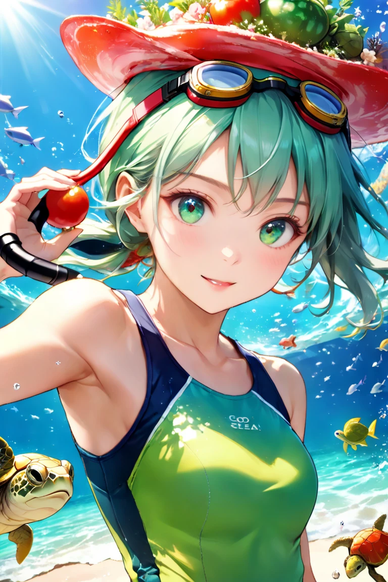 (Scuba Diving style) (enjoy Beautiful underwater), (panoramic, solo:2, 15 yo), (beautiful ponytail) (glossy beautiful green hair long hair) (beautiful cute girl), (glossy lip, happy smile, best beauty yellow eyes), (medium tits), in a Provocative Swimsuit, break, in the under sea in Okinawa, background deep undersea with Coral Farm, BREAK, perfect anatomy, masterpiece, best quality, 16k, beautiful detailed grow, daydreaming expression.