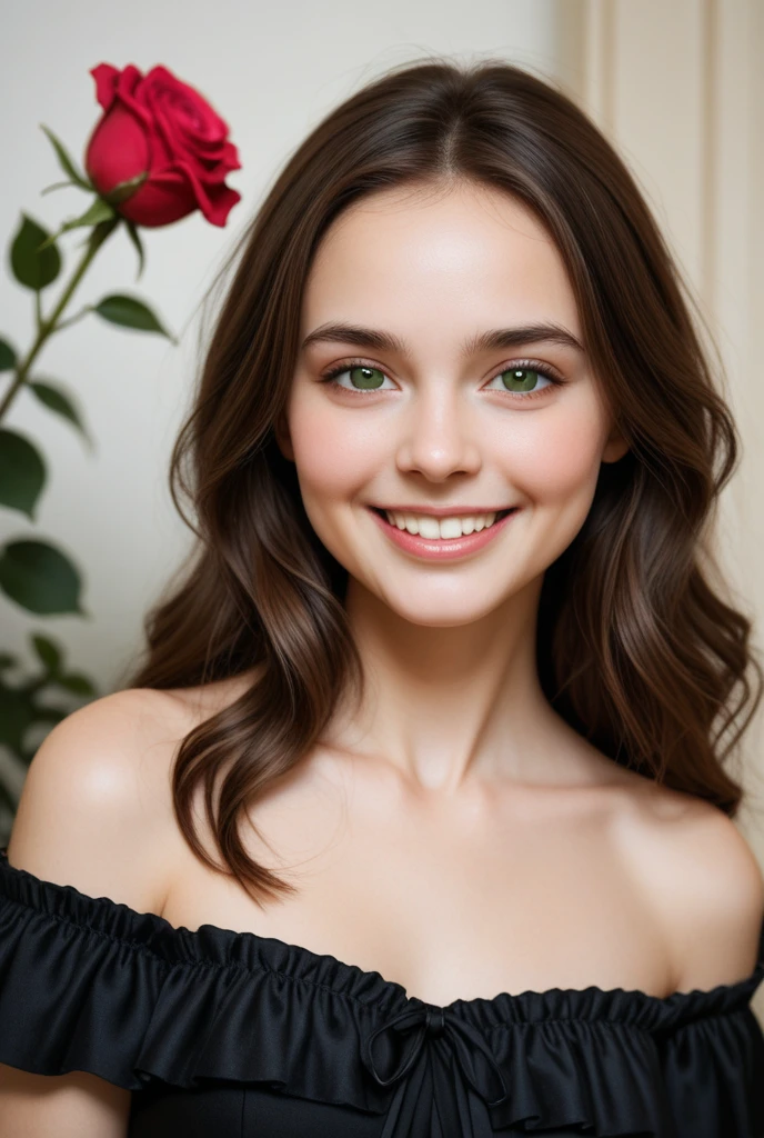 masterpiece, high quality, 1girl, portrait, red silk dress, hair ornament, smile, perfect teeth, simplistic black background, Barbara Palvin <lyco:Barbara Palvin:1.0>