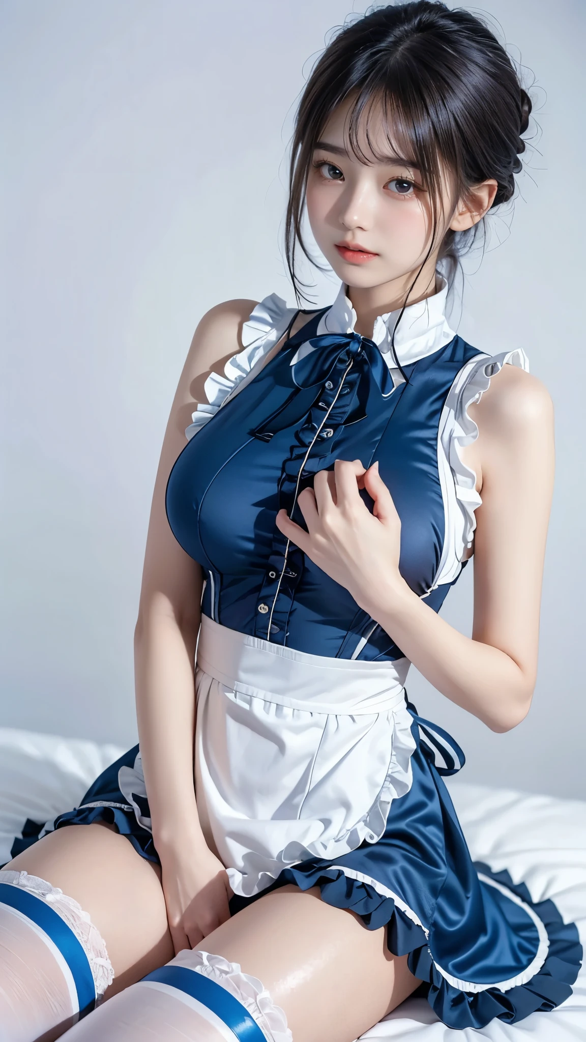 best quality, masterpiece, super high resolution, (photorealistic photos: 1.1), professional lighting, physically based rendering,
(1 girl), (beautiful university), tassel, NSFW, looking at the audience, (curve: 1.3) (fine beautiful eyes: 1.2), beautiful nose detailed, daytime, bright face with front light, 1 girl alternate_costume apron blue_eyes breast neckline separated, cover face, shame, blush, no underwear, areola, sexy seductive transparent apron