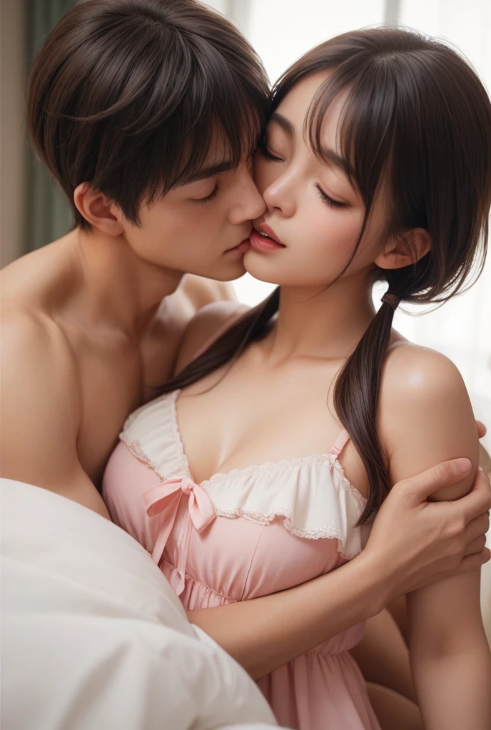 (Photorealistic: 1.2, Best Quality, 8K, Sensuality: 1.3, Wet: 1.3), (1 man, 1 woman, hug, couple, hands on chest), 20 year old blonde Ukrainian, actor, bodybuilder, woman is 20 years old Japan gravure idol, cleavage, cherry blossom print kimono, (sweat: 1.2, wet: 1.2), fine skin, (movie lighting), soft light (kpop idol(1.3), double eyelids, on bed, (seductive), ((excited: 1.5))