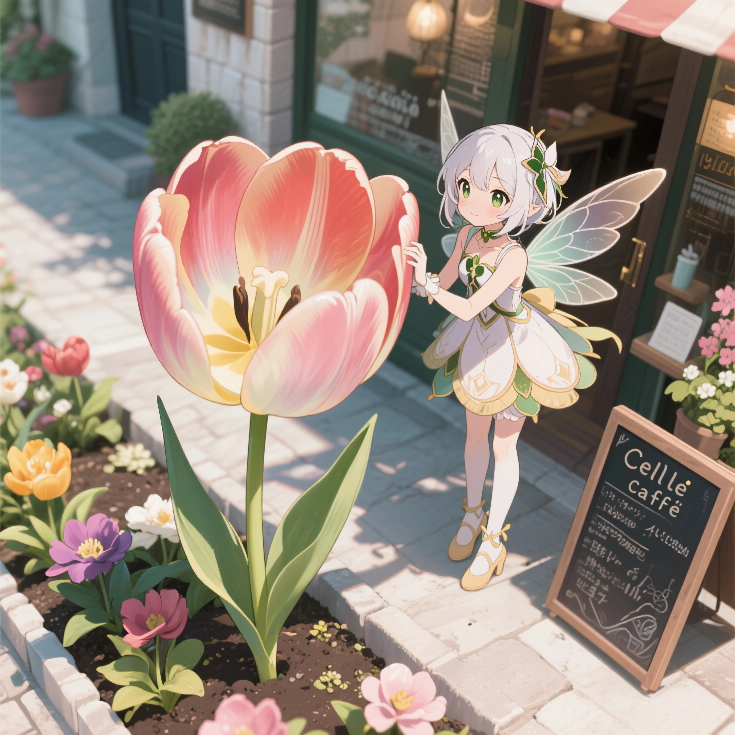  4K, high resolution, masterpiece, 最high quality, detail, exquisite, extremely detail, finely detail, high quality, insanely detail, ultra detail, ultra high resolution, 超high quality, Cell anime pattern,into a tulip flower in a flower bed、A fairy is opening a cafe,camera work at an angle looking into the flower from above