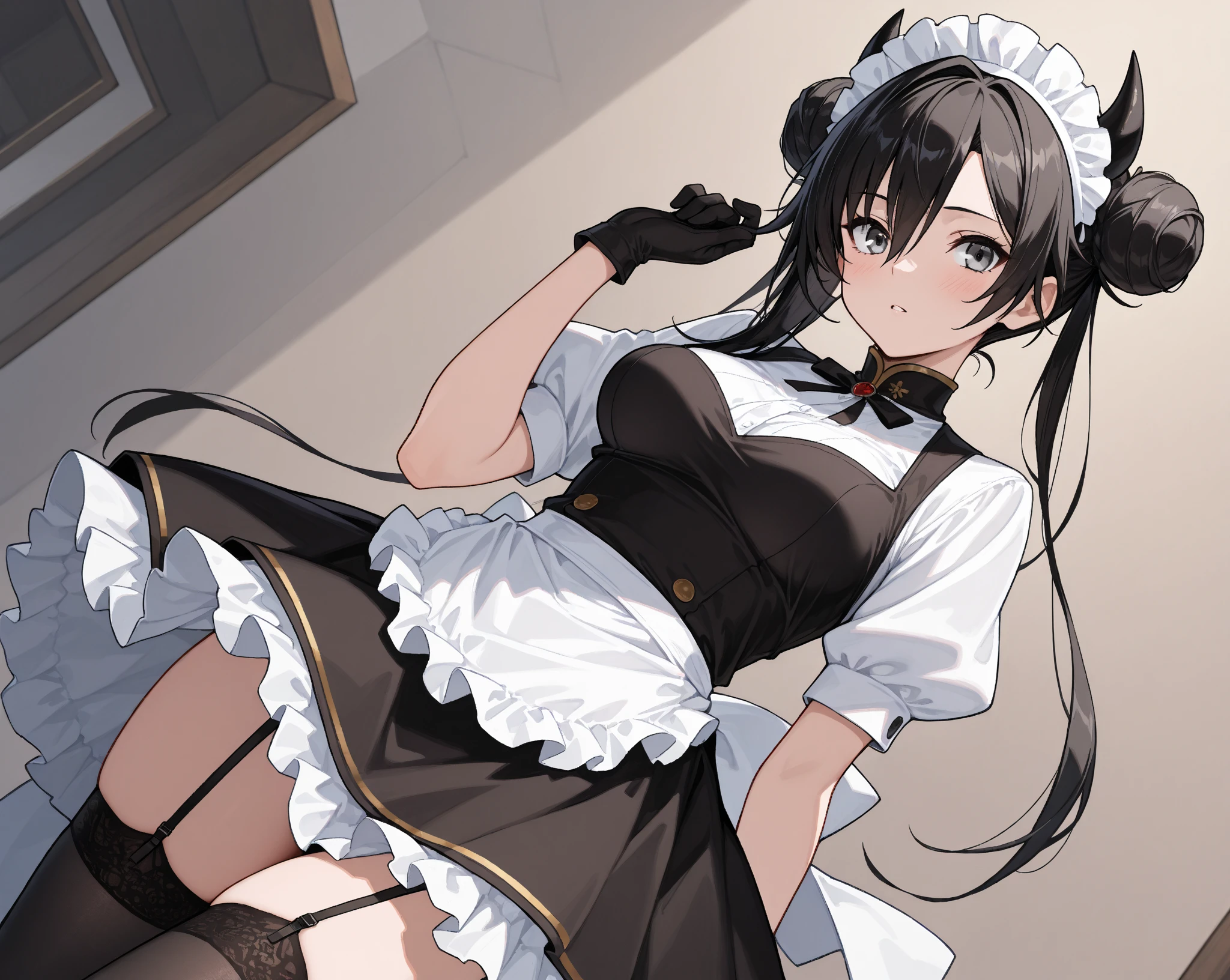 masterpiece, best quality, ultra detailed, 1girl, dark skin, twin tails, ,maid clothes ,panties under pantyhose, open legs,　leaning forward, ,looking_through_legs, looking back, from behind, micro skirt, 