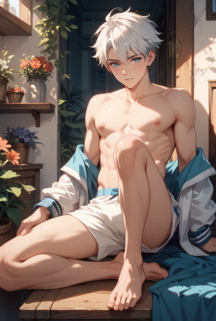 very thin boy11 years old without a shirt, Without clothing, thin, Blue eyes, white hair with red tips, wet slender body in white swimming trunks, straightens his hair embarrassedly, blush on the face, back view, no panties