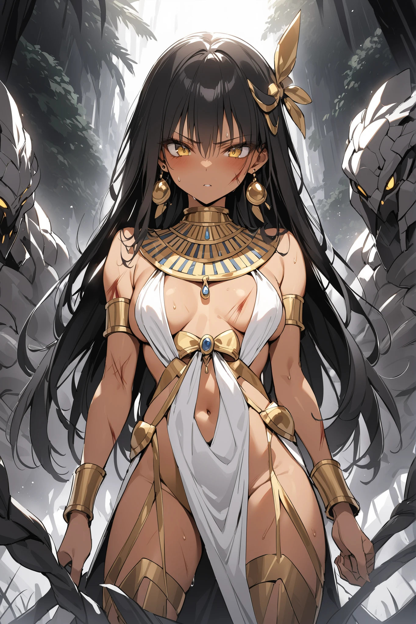 ((masterpiece,Highest Quality:1.2)),(soro),An ancient Egyptian princess with a slender figure and thin legs who fights fiercely against many monsters on a dark battlefield,cowboy shot, healthy tan skin ,Injury to the whole body,sweat,black long hair,Perfect yellow eyes, tree eyes ,serious expression,A hair accessory with luxurious gold ornaments,Ancient Egyptian costume in white tones,Gold Earrings