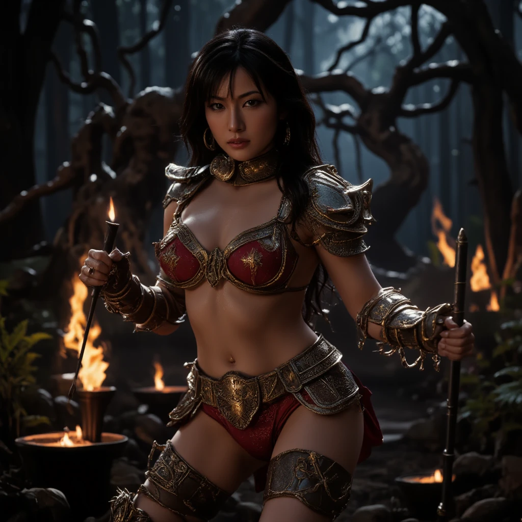 (ultra realistic,32k, masterpiece:1.2),(high detailed skin:1.1),( high quality:1.1),12 year old,smile
chi chi, (black eyes:1.5), black hair, long hair, hime cut, blunt bangs, sidelocks,armor, bikini armor, cape, collarbone, gloves, helmet, navel, pauldrons, shoulder armor, cleavage,,fighting stance pose, huge breast,large breast,,(volumetric lighting:1.1), emberstone forge, fiery embers, molten craftsmanship, domain of master blacksmiths,  blurry background,