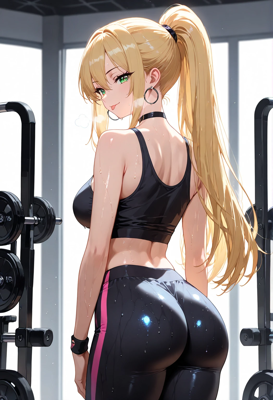 (masterpiece, best quality:1.5), (high resolution 8K), detailed eyes and face, detailed body, 
BREAK 1 lady, 2, blonde hair, long hair, wavy hair, light brown eyes, huge breasts, chubby, (voluptuous:1.2)
BREAK blush, steam sweat, 
BREAK (stick out butt, shot from behind:1.5), ass focus, 
BREAK tight yoga pants, latex pants, sports bra, 
BREAK indoors, at gym