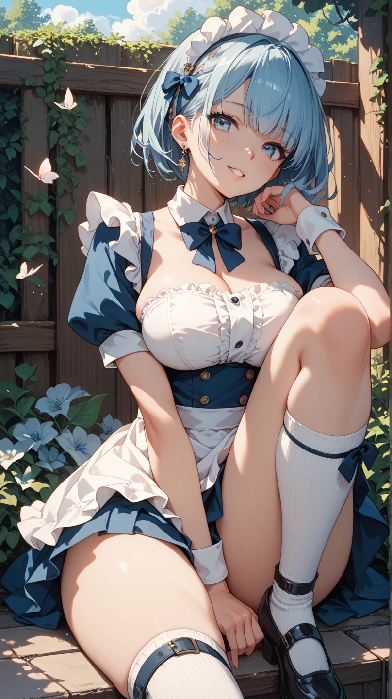 anime girl in blue bikini sitting on bed with her hands on her hips, a pastel by Kentaro Miura, pixiv, shin hanga, seductive anime girl, rem rezero, short blue haired woman, rei ayanami, | fine detail anime, teasing smile, hatsune miku short hair, rin, ayanami, blue bikini, anime moe artstyle, masterpiece, best quality, ultra-detailed, illustration, epic lighting, cinematic composition, colorful, sharp:1.3, 1girl, rem_\(re:zero\), medium breasts, blue hair, short hair, (hair over one eye:1.3), eyes_visible_through_hair, blue eyes, roswaal_mansion_maid_uniform, apron, white thighhighs, garter straps, standing, upper body, outdoors, mansion, summer, garden, flowers, trees, grass, bushes, sunlight, (extremely detailed CG:1.2), (8k:1.1),