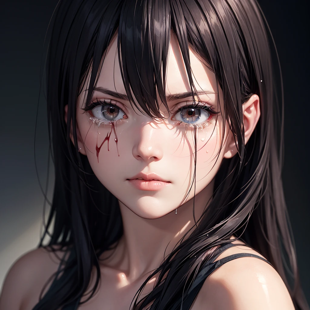 ((blood droplets)), ((blood)), ((blood splatter)), ((blood on body)) ((blood stain)), Masterpiece, Beautiful art, professional artist, 8k, shy expression, very detailed face, 2 girls, completely naked, View from the front, standing, BIG BREASTS, perfectly drawn naked body, pale skin, shy expression, beautiful face, long black hair, 4k eyes, very detailed eyes, pink cheeks, choker:1.6, holds an ax with his right hand, Sensual Lips, show details in the eyes, dark forest, Atmosphere, fog, At night