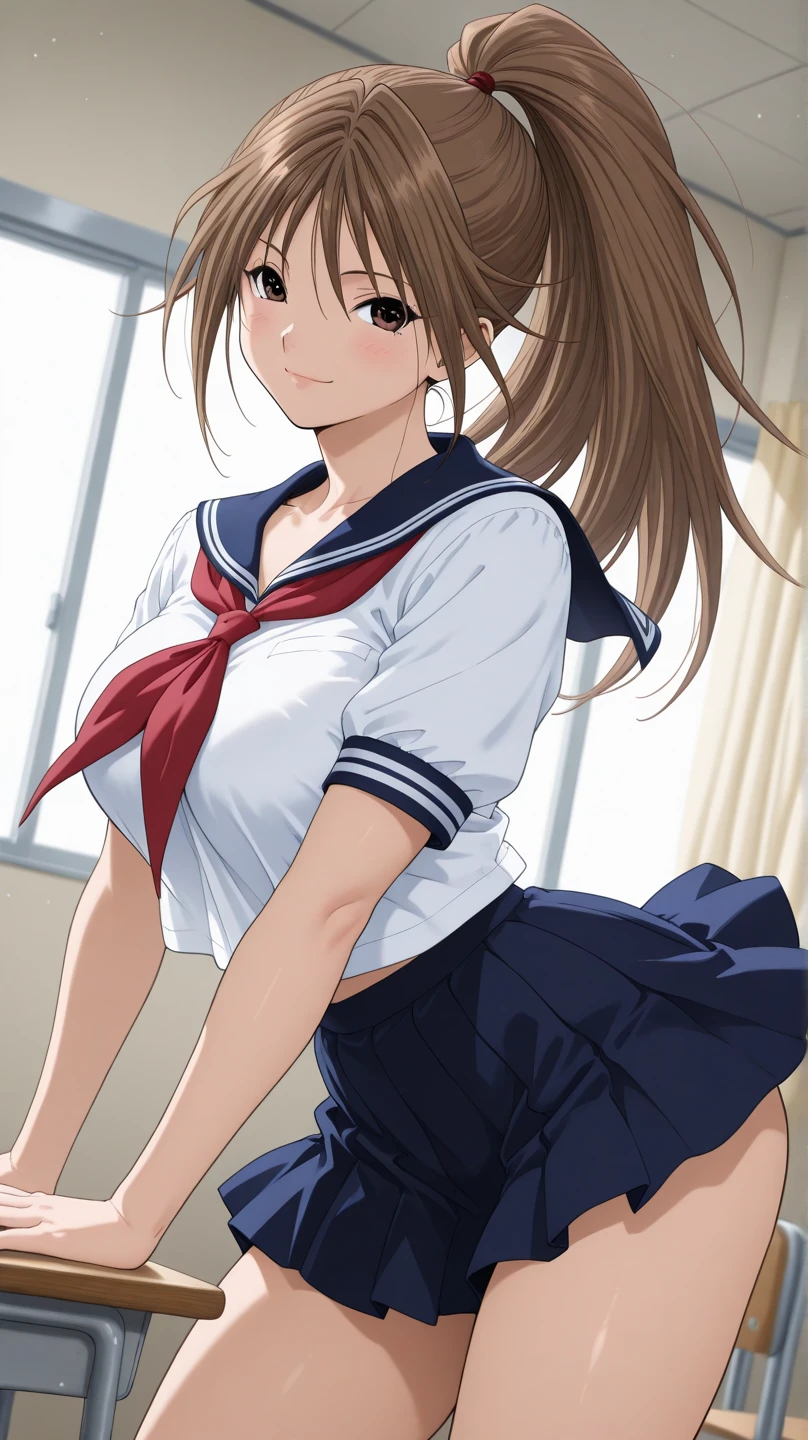 (masterpiece:1.3, highest quality, Ultra-high resolution, Super detailed), (Realistic, photoRealistic:1.4), Beautiful illustrations, Perfect lighting, Natural light, colorful, Depth of written boundary, , 
Beautiful detailed hair, Beautifully detailed face, Beautiful fine details, Beautiful clavicle, Beautiful body, Beautiful breasts, Beautiful thighs, Beautiful feet, Beautiful fingers, Shiny skin, Baby Face, 
View Viewer, (Face Focus), 1 girl, Japanese, high school girl, (Perfect Anatomy, Anatomically correct, Highly detailed skin), Cute and symmetrical face, Perfect Face, Perfect Eyes, 
(Long Hair, ponytail, Sideburns , Sandy beige hair), Hair between the eyes, blue eyes, Long eyelashes, (Big Breasts, Captivating thighs), , out立っている style, 
(Detailed cloth texture, , Blue sailor collar, Long blue pleated skirt, Red Sailor Scarf), 
(Beautiful views), evening, (Cafe:1.2), (Cute smile, Upward glance),Sitting,Reading a book