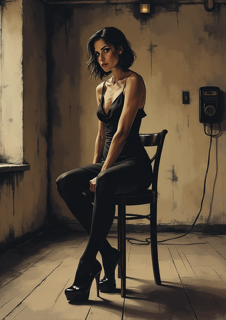 (Best Quality,High resolution,masterpiece, half body shot:1.2),ultra detailed,woman dressed in black and high waisted thong,sickly,sitting with legs spread in a creepy laboratory, facing the camera with legs wide open, fishnet lace stockings, stupid ?????, sitting with legs wide open, horror laboratory, cold and dark laboratory, half body shot, Intricate High Waist Black Thong and Bra., centered subject,gloomy ???????,fetish,dark and gloomy atmosphere, creepy atmosphere, sandy texture,retro atmosphere,warped reality,melancholic expression on his face,mysterious aura,foggy atmosphere,Misty background,Subtle color palette,PROVOCATIVE POSE,strong emotions,Coming out of the depths of despair,Glare,intense shadows,Plunged into darkness,dark industrial aesthetic,sinister atmosphere,A supernatural feeling,Loss of place in time and space,Disturbing silence.asymmetrical bangs, parts, short black hair, Hits, parts, grey eyes,
