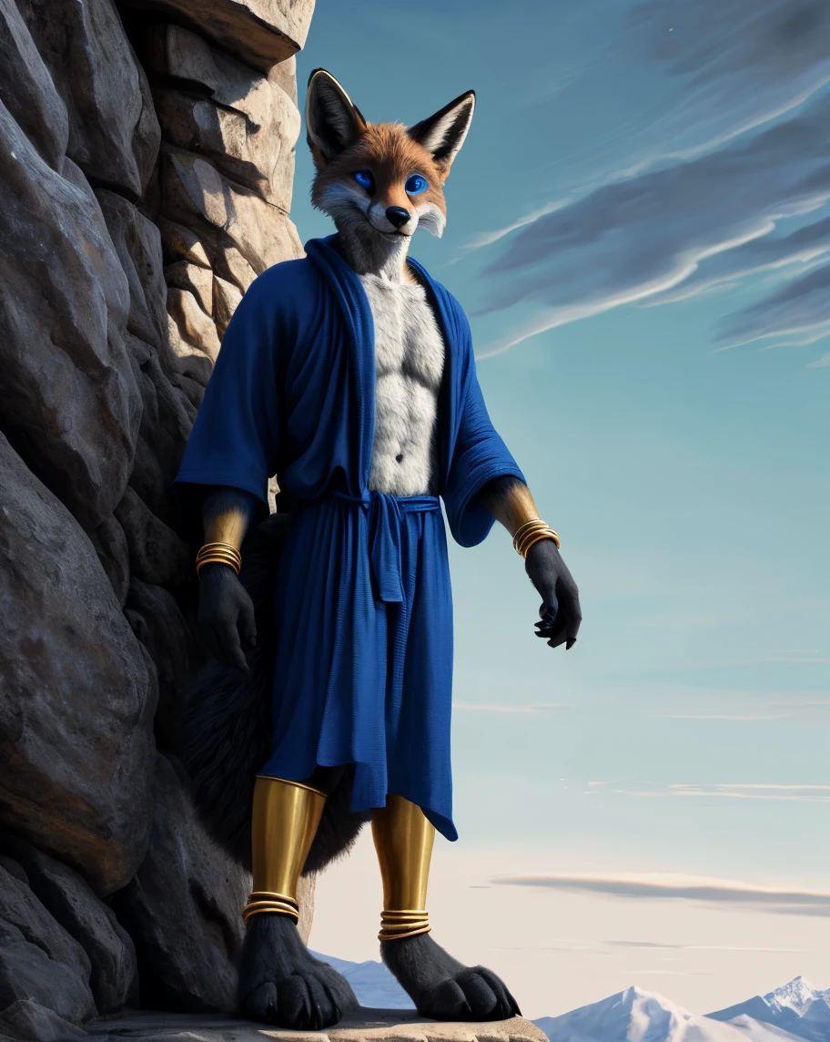 grainy, symmetric, upper body, bright colorful Navy blue eyes, markings, furry male, body fur, anthro Fox, solo, Cartoon, detailed, Gray fur, Thicc thighs, Wide hips, Slim waist, Slim shoulders, Large butt, Calm, wearing Blue Tunic with White accents, Monochromatic colors, Intimidating, Tall, Femboy, flat-chested, super flat-chested, solo femboy, just a femboy ((flat-chested))