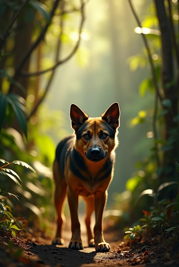 A Belgian Shepherd dog searching for a person in the woods