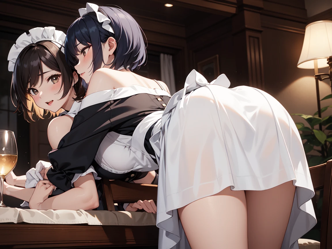 artwork, high qualiy, 4K, high definition lying in bed, the maid wears white underwear and a black dress and black stockings with huge , thick calf , Digital , sleeping , I miss the back view of the hair ,