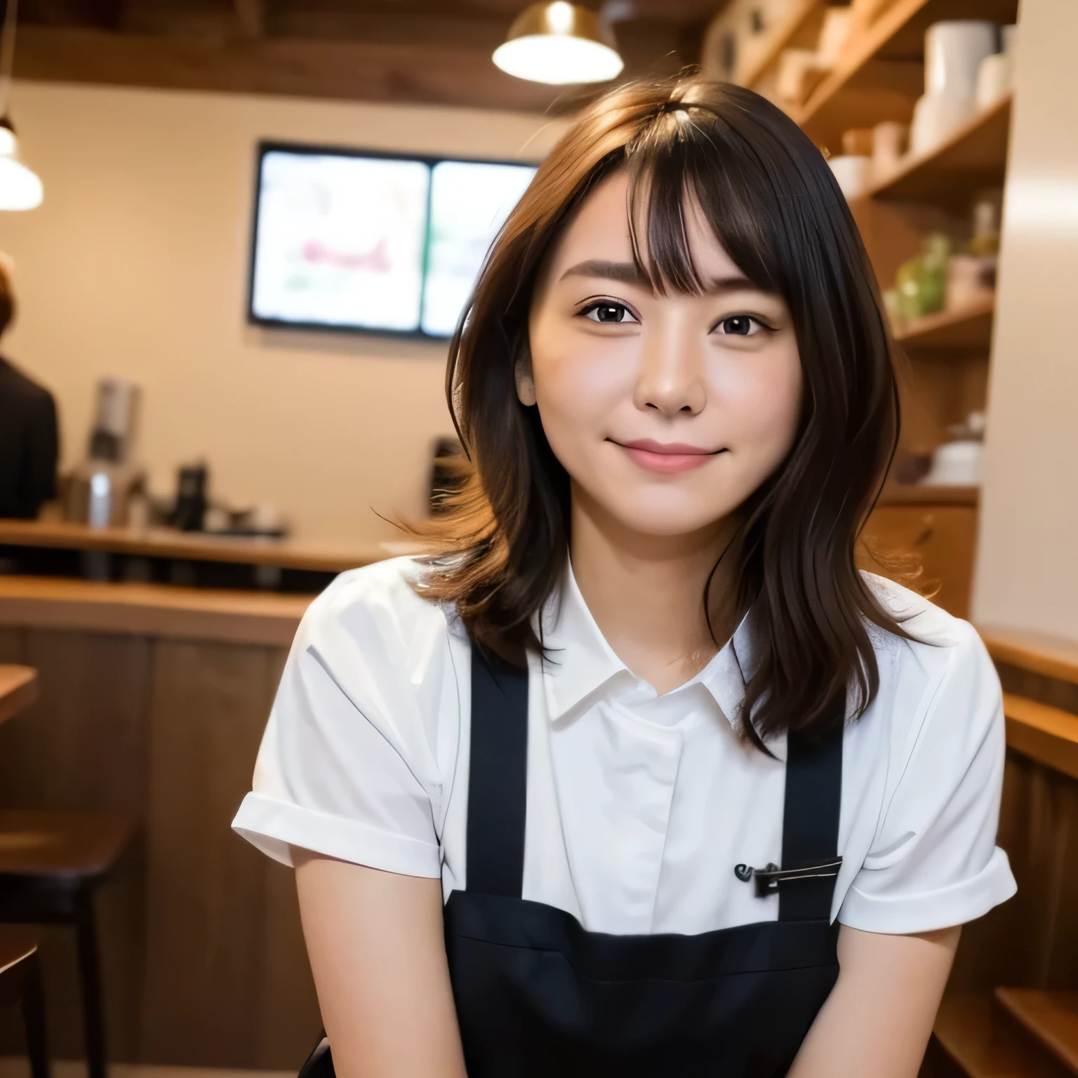 A girl is working as a waitress in a cozy cafe. She's wearing a classic maid outfit. The air feels warm and calm, and it's like you can almost smell the coffee through the picture. Medium length hair, dark hair, dark eyes.