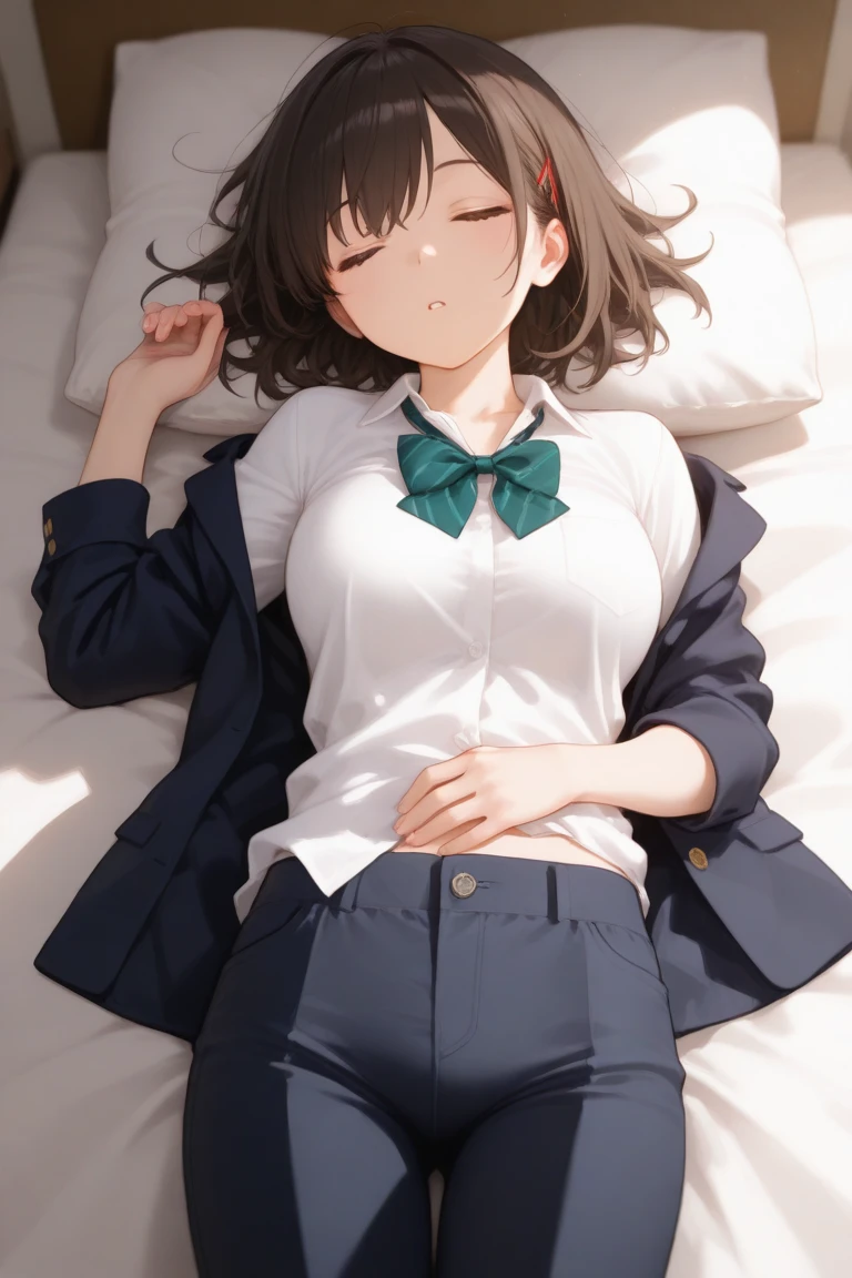 blazer、Miniskirt、Black Hair、short hair、Embarrassed、Blushing、Open your mouth、Lying on your back、Spread your legs
