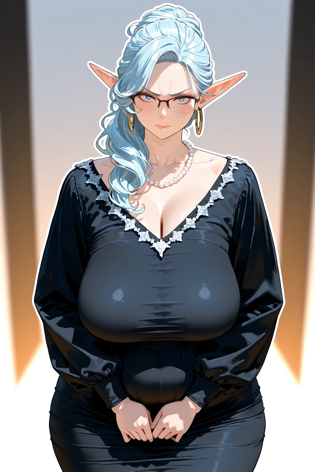 (masterpiece, best quality:1.2), hanging breasts, psykos, aqua hair, aqua eyes, glasses, earrings, white dress, underbust, bridal gauntlets, exposed breasts, nipples, blank black background, slutty, cowboy shot
