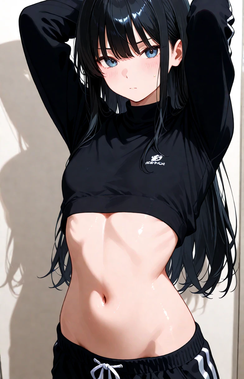 masterpiece, best quality, highres, Matoba Risa, 1girl, solo, busty, flat breasts, black hair, twintail., sport bra, short skirt, looking at viewer, full body, standing, simple background, (erotic pose:1.4), blush, flustered, (panties exposed:1.3), ((arms behind head, double armpits, standing)), Half body, upper body, In the middle, symmetrical, ((Cum Facial, Bukkake))
