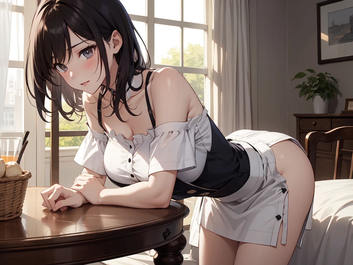masterpiece、top-quality、hight resolution、8K、∶1 only.3、Neat and clean woman、intelligent woman、Black Hair Upstyle、Floor mopping、Wipe the floor on all fours ∶1.4、Turn around with your back turned ∶1.2、Hairstyles with visible nape、Leather miniskirt、Micro Mini Skirt、White silk underwear on top and bottom、large hips、Face turning around、mansion、inside in room、darkened room、Bright external light、full body Esbian、Crisp focus:1.2、Beautiful woman with perfect body shape:1.4、A slender 、Perfectly balanced physical beauty、((layers-Cut、Colossal tits:1.2))、Highly detailed facial and skin texture、Detailed eye depiction、troubled look