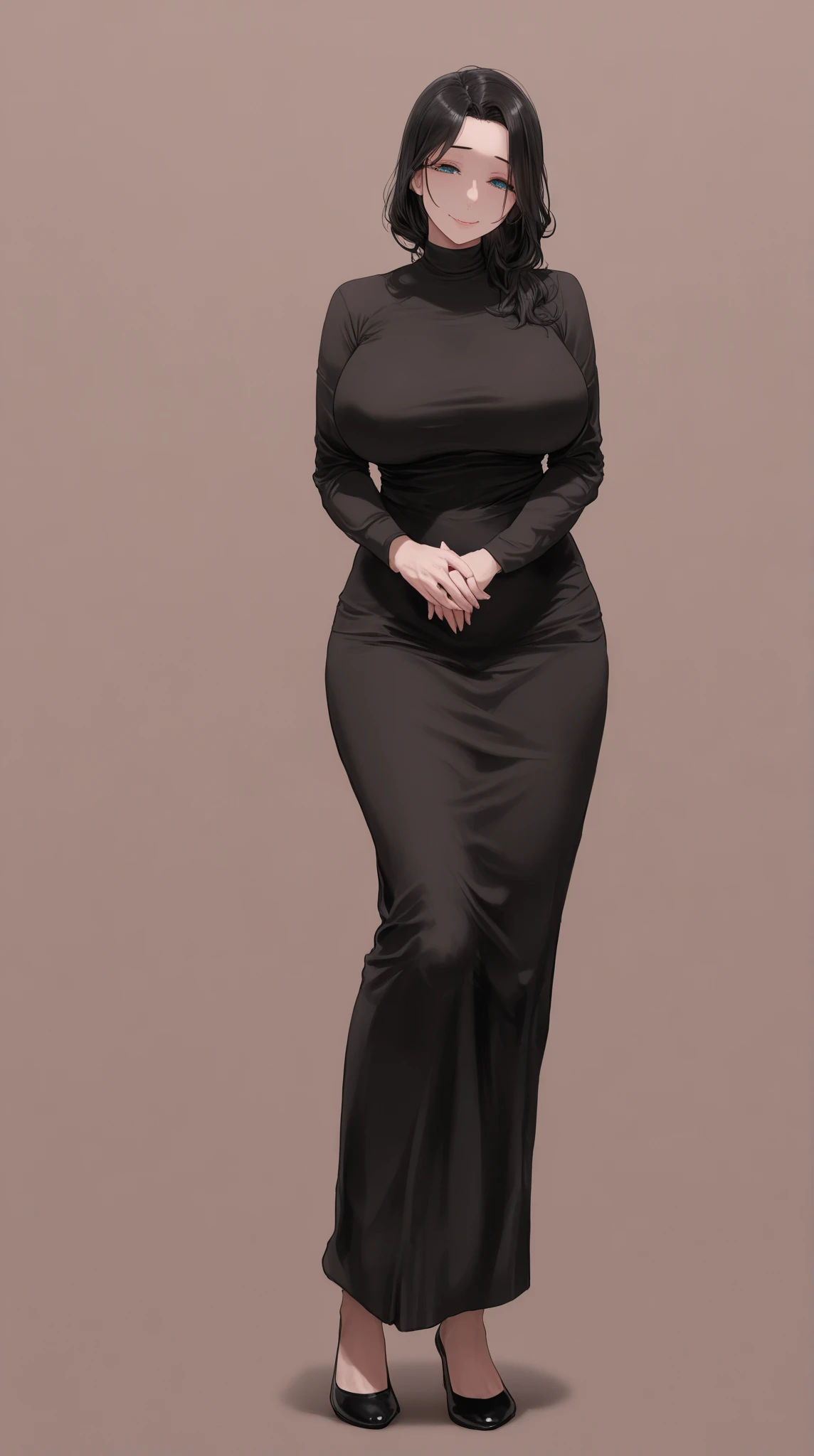 Jujutsu Kaisen,Kugisaki Nobara,1girl, solo, breasts, looking at viewer, short hair, brown hair, long sleeves,dim light background, dress, cleavage, brown eyes, jewelry, medium breasts, standing, full body, puffy sleeves, black footwear, black dress, high heels, clothing cutout, makeup, juliet sleeves, side slit, long dress, red lips, kugisaki nobara