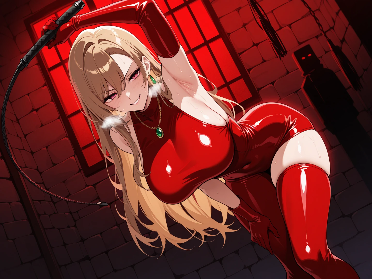 (masterpiece, highest quality, best quality, official art, beautiful and aesthetic: 1.2), (1girl), extremely detailed, (fractal art: 1.3), highest detailed, lower boddy focus, lower body, HDR, ), vivid visual effects, (dynamic stripes, luminous traces: 1.2), front view, nude, breast focus, sexy, slim hips, slim figure, completely naked, abs, muscular, small breasts, focus. Looking at viewer, skinny, Detailed face, Detailed eyes, perfect face, perfect eyes, integra, integra hellsing, wearing fancy red gown, exposed thighs, arms behind back