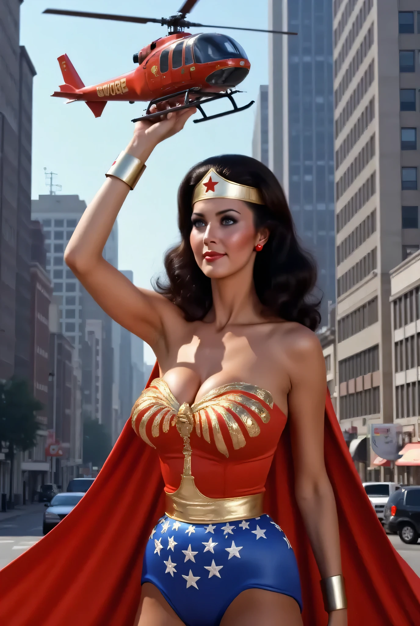 (FIELD OF VIEW MAKING WONDER WOMAN LOOK EXTREMELY TALL, THE CITY TINY COMPARED TO HER GIGANTESS BODY). A very attractive, photo-realistic young GIGANTESS LYNDA CARTER AS WONDER WOMAN with striking blue eyes. HOLIDNG UP A HELI-COPTER LIKE A TOY WITH HER BIG HAND. She is dressed in a glamorous, pin-up styled 1960 LYNDA CARTER WONDER WOMAN. Her outfit features a shiny spandex WONDER WOMAN COSTUME glossy RED cape flows dramatically behind her, adding dynamic movement and flair. Her dark, wavy hair cascades over one shoulder, and she strikes a confident, playful pose. with clean lines, bright colors, and a retro pin-up poster aesthetic. Dramatic lighting highlights her curves, charm, and superhero poise, blending sensuality, strength, and stylish nostalgia in perfect balance. (MASSIVE, PERKY, ENLARGED, ABSURDLY EMBIGGENED BREAST/CHEST) CITY BACKGROUND. BIG SMILE ON HER FACE,
