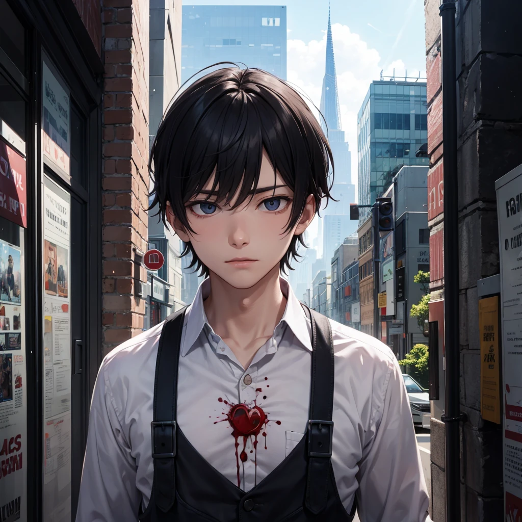 The end is coming, the boy is covered in blood, panic, tattered clothes, 18 years old, boy, expressionless, ruined city,