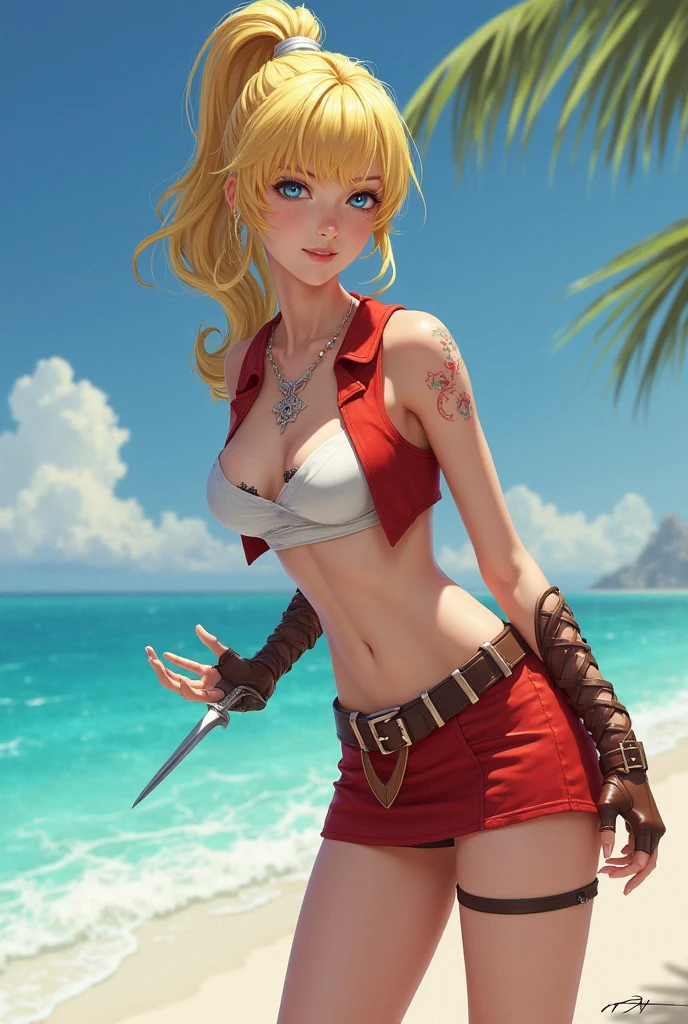 (SFW) Harley Quinn, makeup, crop top and hot pants, relaxing on a deserted tropical beach, dramatic lighting, (depth of field), ((masterpiece)), ((best quality)), ((highly detailed)), Gnarly Quim