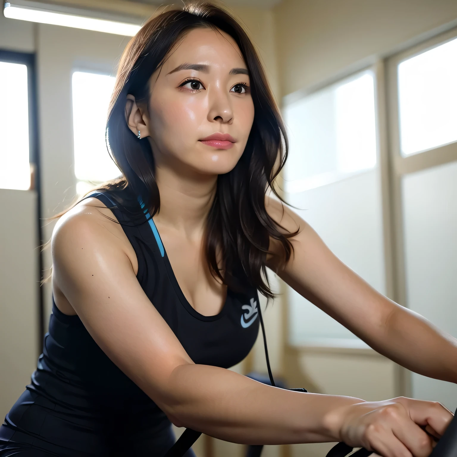A fitness gym, a person training on a stationary bike, side view, bright morning sunlight through large windows.  Medium length hair, dark hair, dark eyes. 