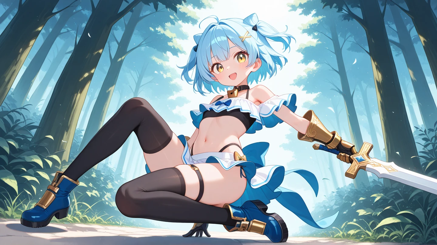 1girl,,tanned body,twintail,,,outdoor,looking viewer,,,(((fantasy))),glossy lips.(spoken heart),smirk,open mouth,nature,(nsfw),cat ears,thigh boots,crop top,latex shorts
