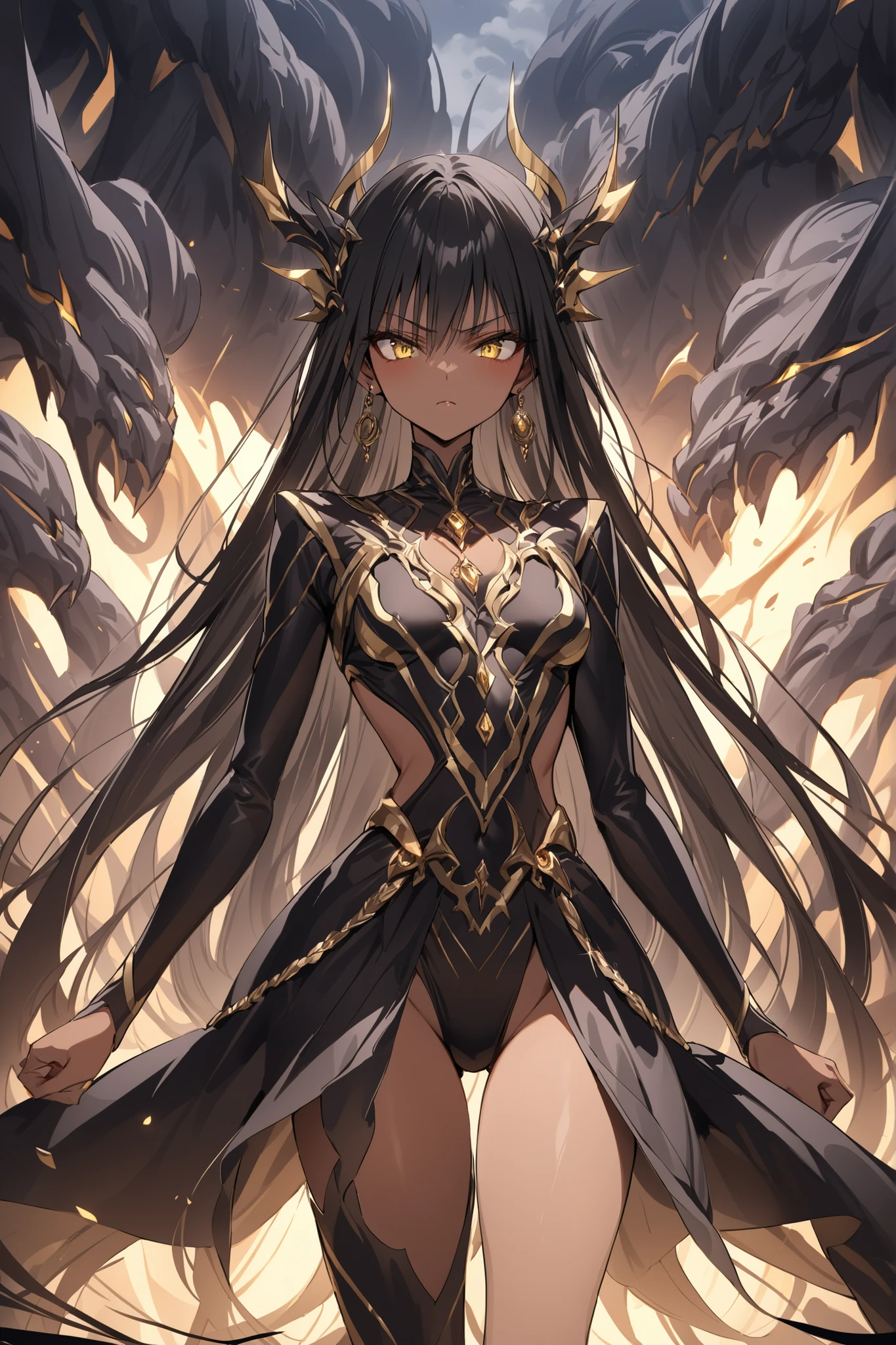 ((masterpiece,Highest Quality:1.2)),(soro),A slender, slender, and slender princess fighting fiercely against many monsters on a dark battlefield,cowboy shot, healthy tan skin ,black long hair,Perfect yellow eyes, tree eyes ,serious expression,A hair accessory with luxurious gold ornaments,dark merge costume in black,Gold Earrings