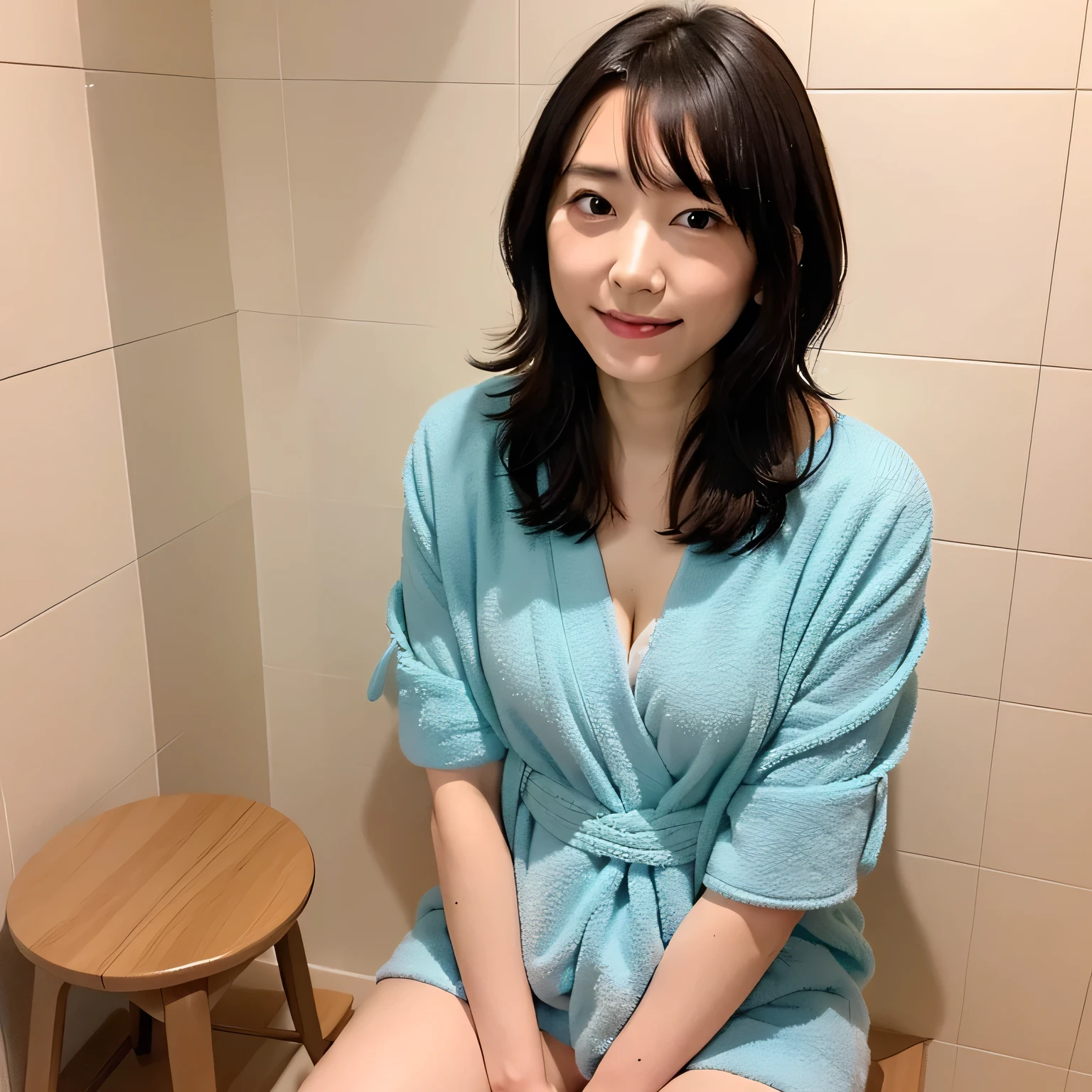 A beautiful woman in a A narrow, compact Japanese bathroom, with tiled walls, a small bathtub, and a wooden stool beside it. Steam fills the room., sitting in seiza style , politely waiting to greet someone.The character is wrapped in a towel around the body. Medium length hair, dark hair, dark eyes.