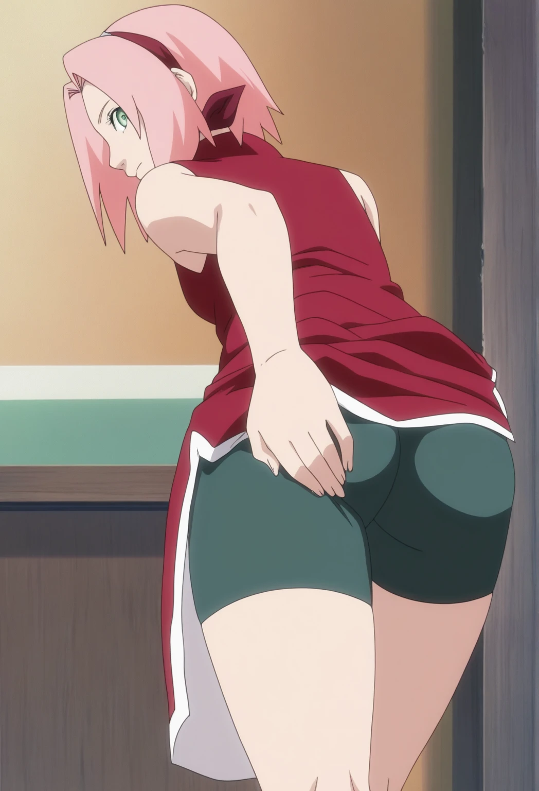 score_9,score_8_up,score_7_up,source anime,anime screencap,anime coloring,intricate details,fake screenshot,masterpiece,best quality,very aestheticanime screencap,anime coloring,Japanese TV anime style,
BREAK
sakura, 1girl,pink hair,green eyes,short hair,Sakura haruno, 1girl, solo, pink hair, short hair, green eyes, ,"Red sleeveless Chinese qipao with white trim and symbol, black short, ."
looking_at_viewer,from back,  meaty ass, meaty thighs,, wide hips,sticking out her butt, , from back,,  shorts,, picking up skirt showing ass,looking back at viewer, full body visible, full growth, , detailed ass, detailed face, detailed eyes,standing straight, 