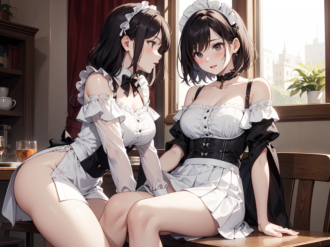 masterpiece, best quality, ultra-detailed, extremely detailed, perfect anatomy, anime style, 4K, 8K,
(2girls, cute two girls, toned, pet collar:1.4),
(full-face blush, embarrassed:1.4),
bedroom, (maid, white shirt, mini skirt:1.6), (zettai ryouiki, side-tie panties:1.4), ass visible through thighs, big breasts,
(see-through clothes1.2),
(symmetrical_docking:1.2), (full body:1.4),
BREAK (black hair:1.4),
