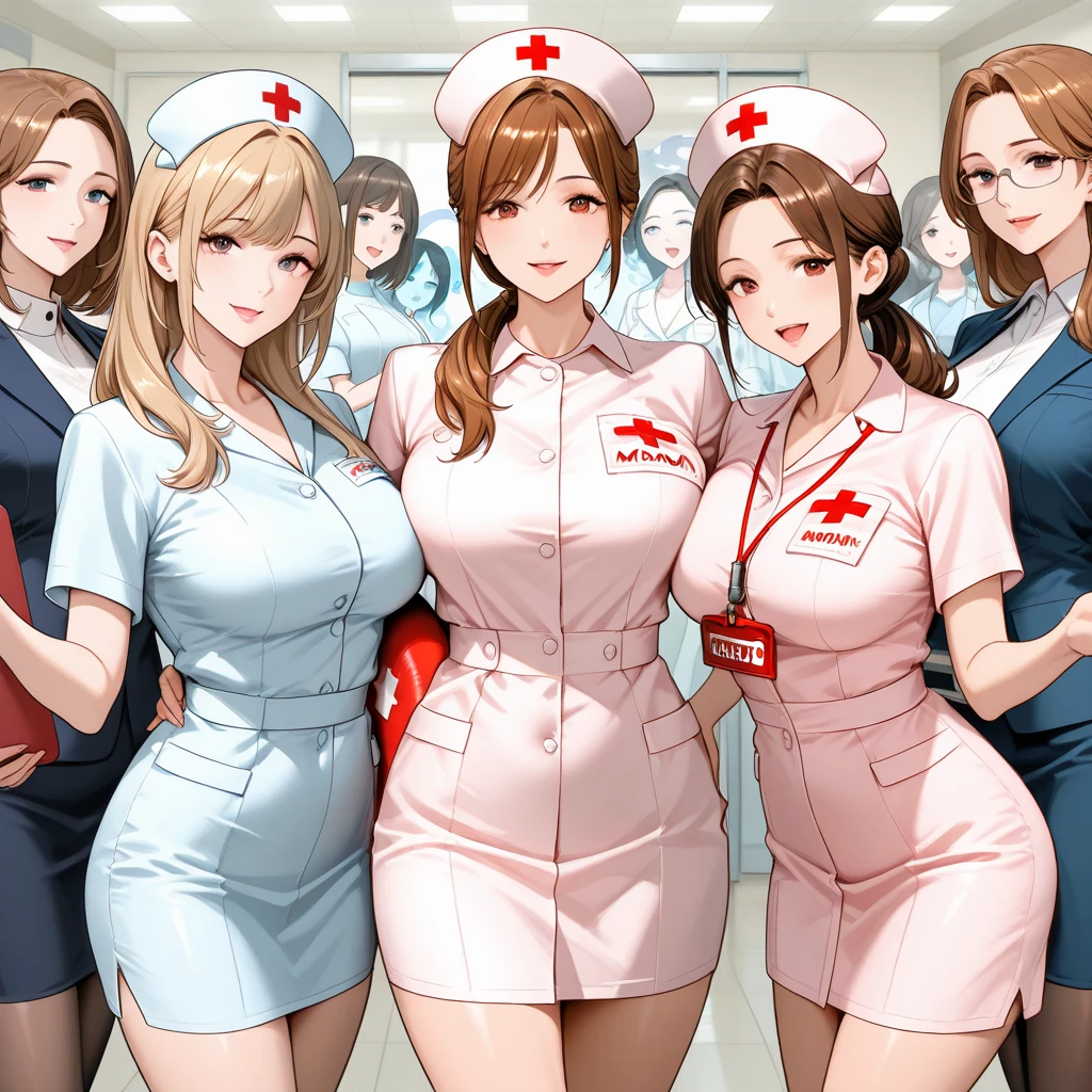three women in white uniforms posing on a bed with white sheets, nurse girl, smooth white tight clothes suit, in white clothes, close - fitting nurse costume, perfect android girl family, an alien robot naughty nurse, hyperrealistic schoolgirl, a hyperrealistic schoolgirl, nurse, white uniform, nurse's leather suit, nursing, cgsociety inspired, amouranth, lustful smirking smile expression (red blush),