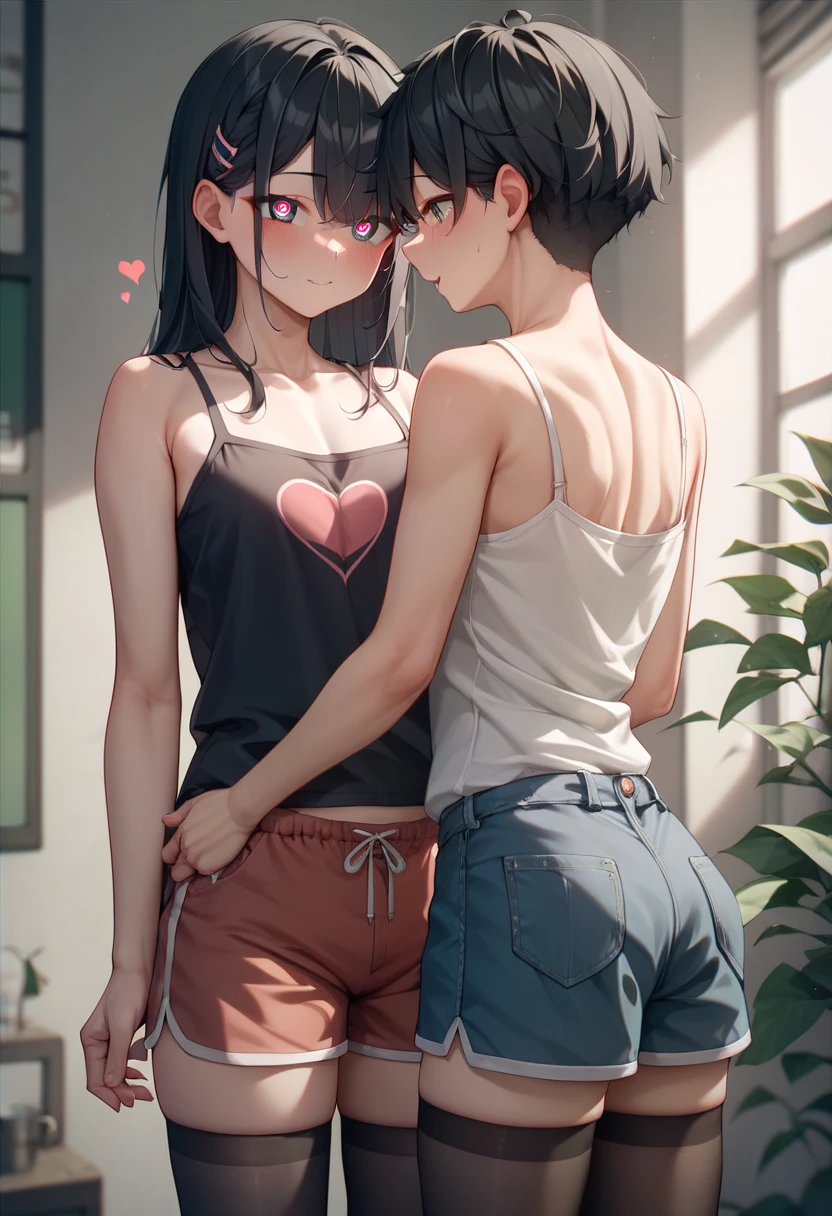 upper body,((1 man and 1woman,hug from behind:1.5,hug)),(man's hand touches woman's breast:1.7)、((perfect anatomy:1.2,realistic,:1.3,RAW Photography:1.3,masterpiece、highest quality、Ultra - High resolution、High resolution、Highly detailed CG、8K)),shot,1 female,solo,20 year old beauty,((beautiful detailed face and eyes,big and gorgeous eyes)), brown eyes,open mouth,Surprised expression,(brown hair,long hair,forehead,center parted hair:1.2、straight hair),(medium breasts,slender body,small head:1.3,skinny,tan skin,gleaming skin,oily skin,shiny skin,sweat:1.7), BREAK ,(((Tops that are see-through with sweat、white t-shirt,navel、dark gray sweatshorts))), BREAK ,training in progress、BREAK ,(Man is 25 years old、brown hair、bangs、white t-shirt、thin body), BREAK ,gymnasium hall,
