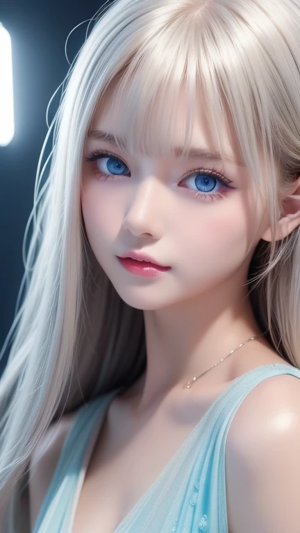 Dressed、(Photorealistic:1.4)、(ハイパーRealistic:1.4)、(Realistic:1.3)、(Smooth lighting:1.05)、(Improved cinematic lighting quality:0.9)、32k、1 Girl、Very cute expression、A beautiful 16 year old blonde girl、bangs that fall on the face、Bangs left over the eyeessy bangs between the eyes and nose、Realistic top lighting、Backlight、Face Light、Super long silky platinum hair、Blonde rays、(Bright light:1.2)、(quality improvement:1.4)、(Highest quality realistic textured skin:1.4)、Very beautiful, detailed, shiny, very bright, mint blue, large eyes、Very big eyes、Detailed face、A careful eye for quality、(Tired, sleepy and satisfied: 0.0)、Face close up、T-Shirts、(Enhances the body line:1.1)、(Enhances the beauty of skin texture:1.1)、Cheek gloss highlighter、Small Face Beauty、Round face