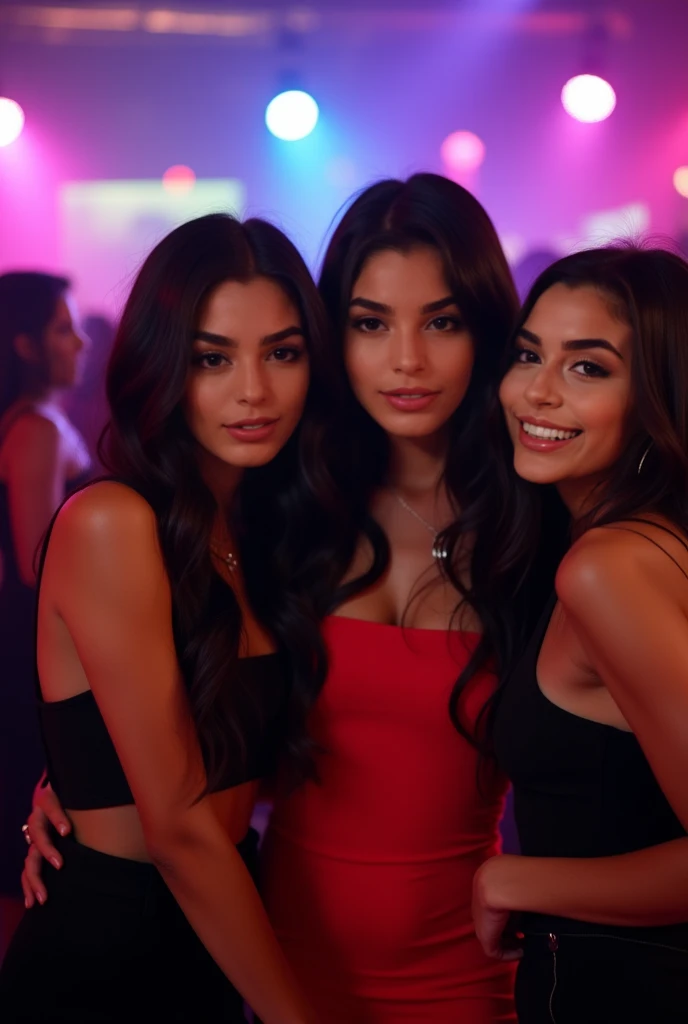 Create a realistic night bar scene with people enjoying a social atmosphere. In the background, shows a group of women having a good time together. Spotlight, shows a young man looking with attraction at one of them. The scene should convey a sense of trust and intrigue, with warm lighting and a lively atmosphere