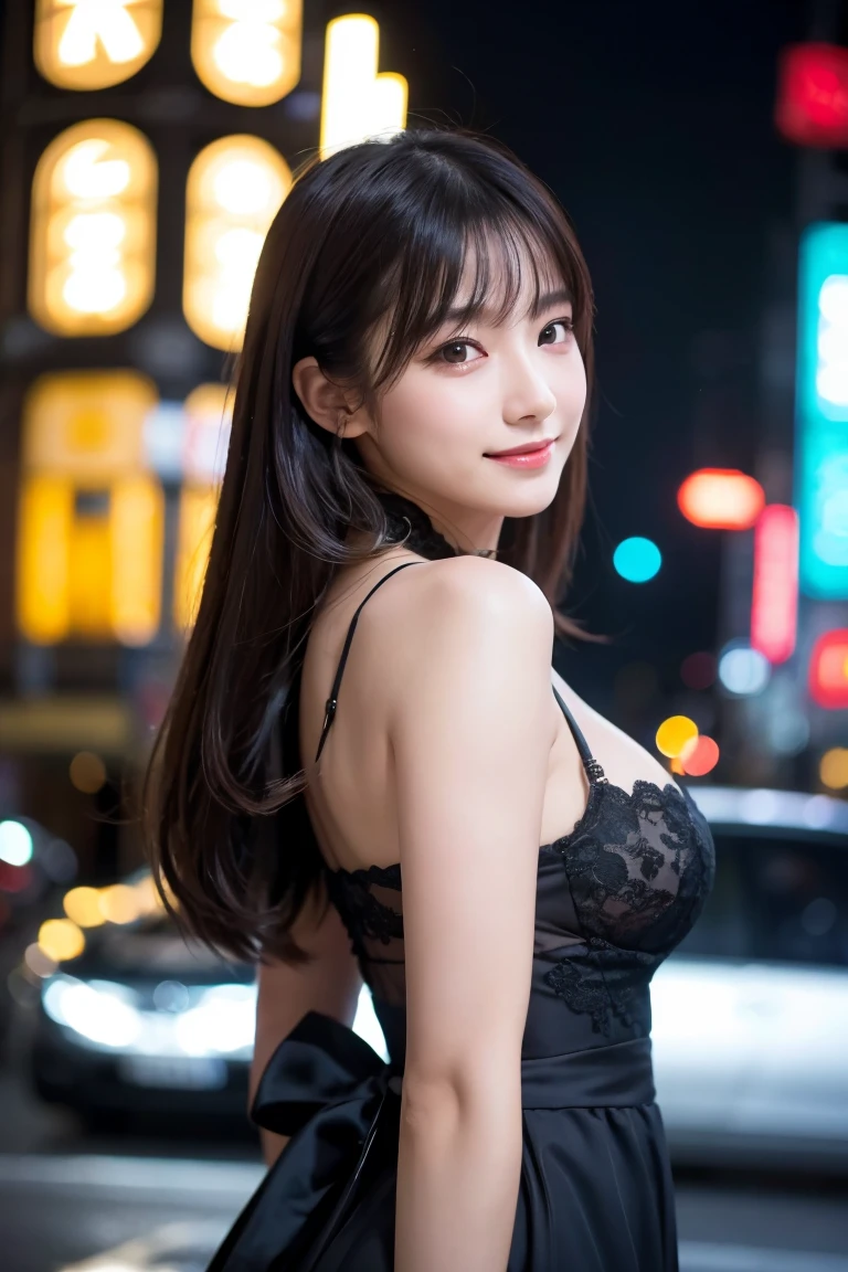 Tabletop, Highest quality, shape, Very detailed, finely, High resolution, 8k wallpaper, 完璧なダイナミックな構shape, finelyて美しい目, Wearing a black dress,Medium Hair,Natural color lip, smile,Harajuku、Teenage Girl、cute、Looking into the camera、C cup、Brown Hair、Blurred night New York background,whole body