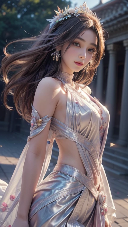 A woman wearing a transparent dress,Beautiful eyes, slender thighs,(((tits,The breasts are very large., bare chest,The cracks are quite large.))),Slender waist,(bare waist), long gray hair, micro curly hair, Very detailed details,high end art station, rainstorm website, Detailed fantasy art, Amazing character art, Beautiful and beautiful character art, Beautiful gold and silver armor, The content is very detailed., Girl in a glittery dress, Beautiful headdresses and accessories,Filigree crystal jewelry, galaxy, Amazing pictures, (dynamic lines, Track light:1.2), Lively with color,8ก,quality,I'm very wet.,There is glitter glittering on the surface.,