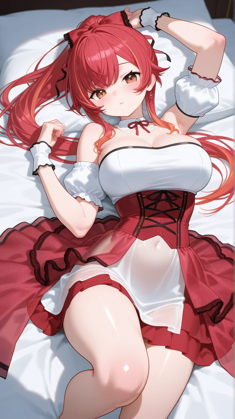 ((best quality)), ((masterpiece)), (detailed), perfect face, perfect body, 1girl, red long hair, cyan eyes, ((DXD ANIME school uniform)), show up her boobies and Nipples and her pussy, Seeing the girl front body, the girl lying on her back on her bed, windows from hotel bedroom showing the city night in background