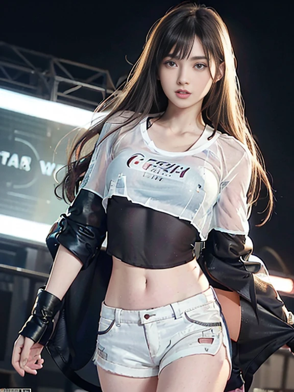 RAW quality, Original image quality, Official Art, highest quality, masterpiece, 超A high resolution, (Photorealistic:1.4), Raw photo, ((Ultra-Realistic Details)), Polate, Global Illumination, Black Shadow, Octane Rendering, 8k, Super sharp, One Girl, Young 15-year-old, Blonde, (Long hair blowing in the wind), Detailed facial depiction, Glossy Lips, Tsundere and playful expression, (Low-rise leather shorts), (Thin white cropped shirt:1.4), huge , (Exposed breasts), Big breasts and small waist, racing jacket, (Akira Bike:1.4), (Riding on motorcycle), night, Cyberpunk cityscape, Ultra high definition,Bokeh Background,