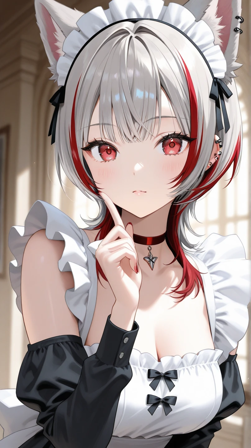 (masterpiece:1.3), (absurdres:1.3), (best quality:1.3), (8K), (large masterpiece digital art), (detailed manga illustration), (handled hair), perfect anatomy, (detailed background), (detailed clothes), (intricate details:1.3), (ultra-detailed:1.3), (illustration:1.3), (natural lighting:1.05), (vivid colors:1.3), 1girl, solo, sightly smile, closed mouth, sakamata chloe, medium breasts, cleavage. navel, multicolored hair, red eyes, x hair ornament, hair ornament, grey hair, streaked hair, black hair, braid, bangs, nail polish, hairclip, ahoge, red skirt, black collar, white camisole, indoors, leaning forward viewer, upper body, (breast hold, breast lift)