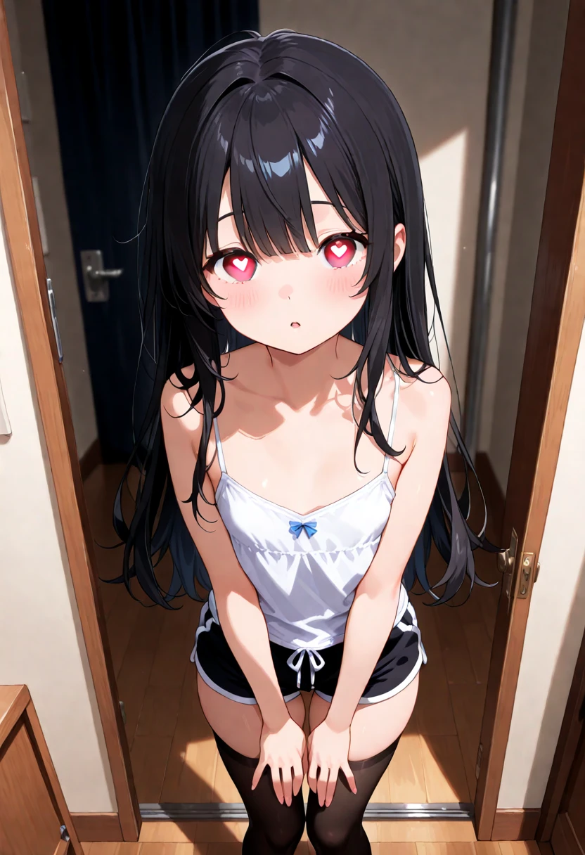 {{{masterpiece}}}, {{{highest quality}}}, {{super detailed}}, {NSFW}, {{very delicate and beautiful、 beautiful and fine eyes}},sit on the toilet、young、primary school student、cuteロリ、black hair、red eyes、medium hair、twin tails、small curve 1.2、cute 、Navel 1.2、((white and red lingerie))、toilet:1.4、embarrassing:1.5、blush、、(from below:1.5、Close-up)