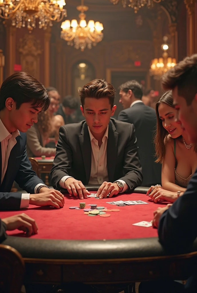 Two (khmer) (cambodian) men fighting on a with thugs long table,Play cards in a room, Play poker, playing poker in a saloon, , photo still of, poggers, Medium Shot Shot, Medium Shot Shot, production still, high-quality picture, portrait shooting, gentleman, poker card style,Inside the villa,Villa with stairs