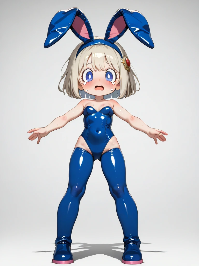 Blonde hair, short mash hair, turquoise eyes,A girl with impressive blonde hair、hair ornaments、short bob、hot pants、smile、dynamic pose, Showing armpits, hands behind head, nakedness, Black bondage suit、mocking smile、Small breasts、12age、The angle of view is from the front、The camera is from the front、looking at the camera、Standing footjob POV1.5,Sole、Barefoot standing footjob POV